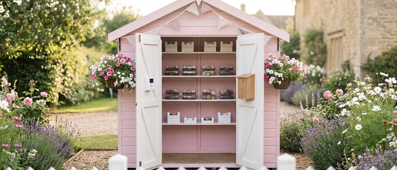 A pastel pink UK cake shed with double doors swung wide open in an English cottage garden, three shelves of white treat boxes inside and a small card reader on the inside left door, hanging baskets and white picket fence, soft afternoon daylight.