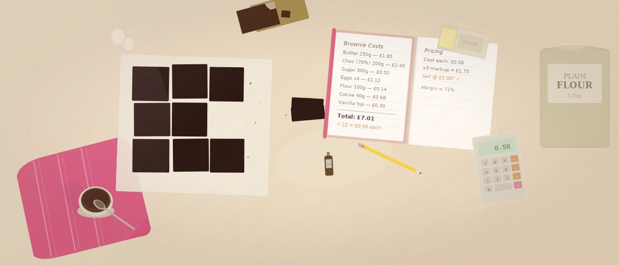 Biscoff brownies on a wooden board with a pricing notebook and calculator