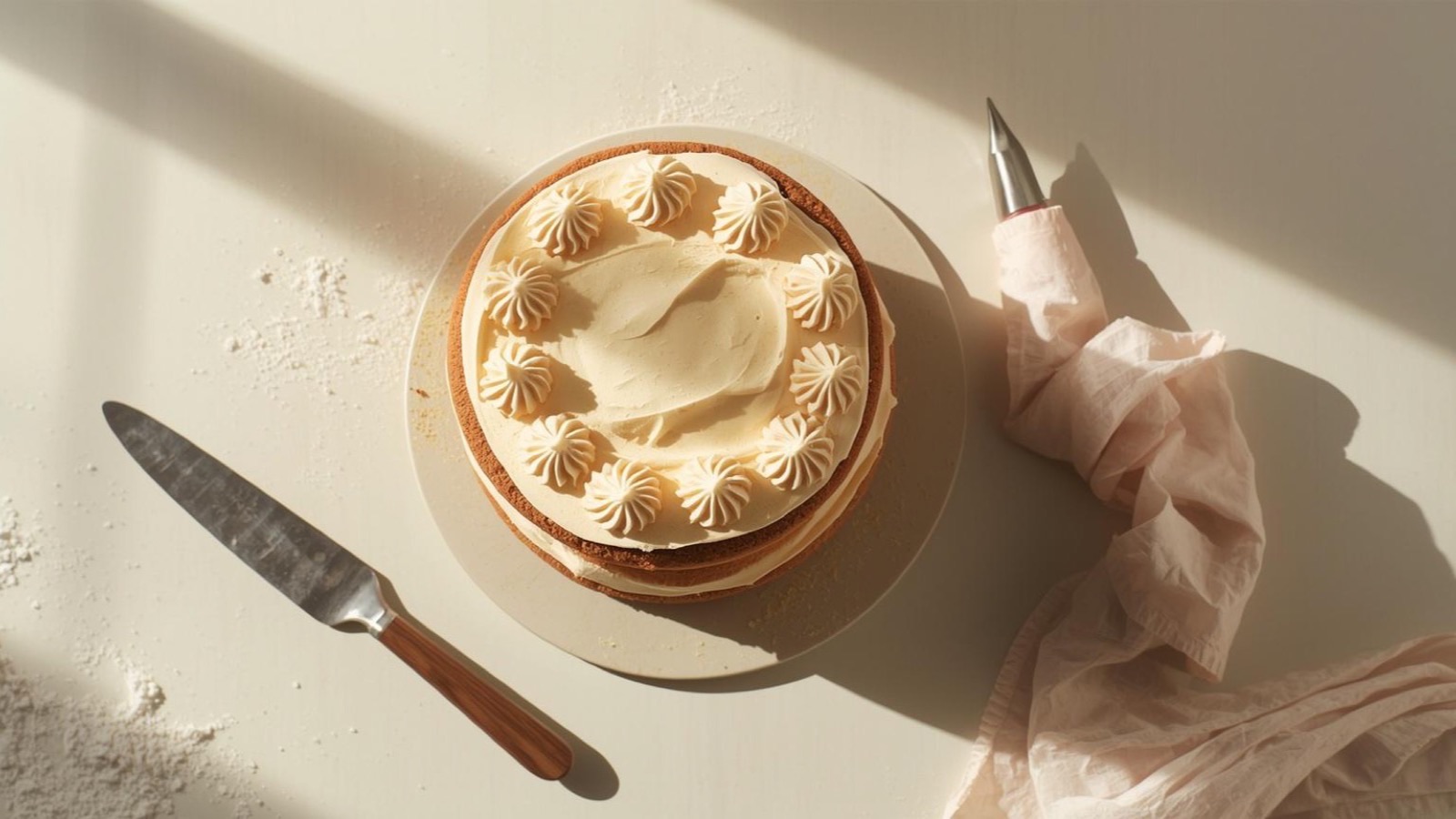 Overhead view of a home-baked Victoria Sponge-style cake with buttercream frosting and piped rosettes, palette knife and piping bag alongside on a pale surface