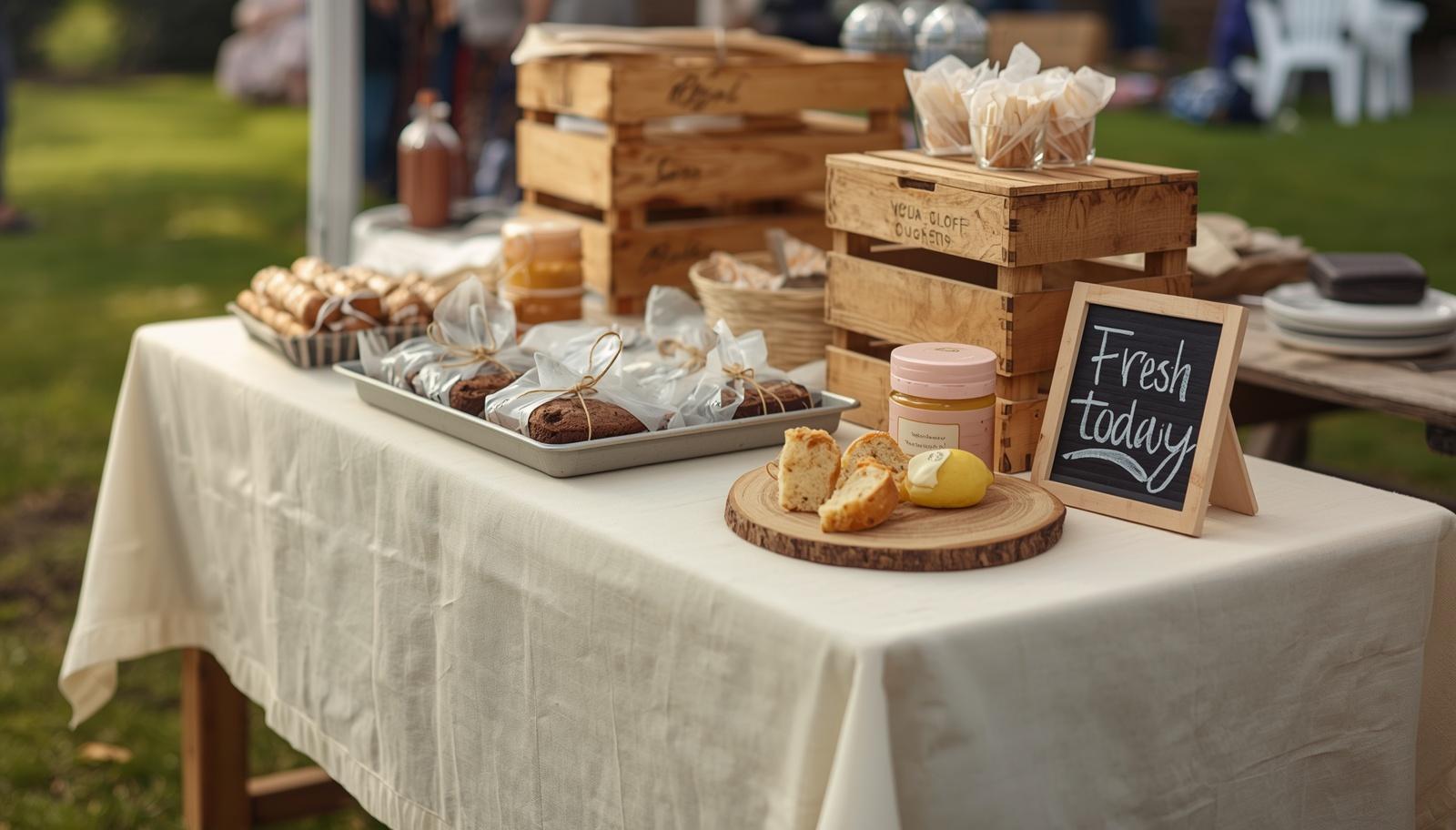 A UK home baker's market stall at a summer fair — a wooden table covered in brownies, cookies, and boxed bundles, with a small chalkboard price sign, a wicker basket of 6-packs, and a card reader on a clip stand