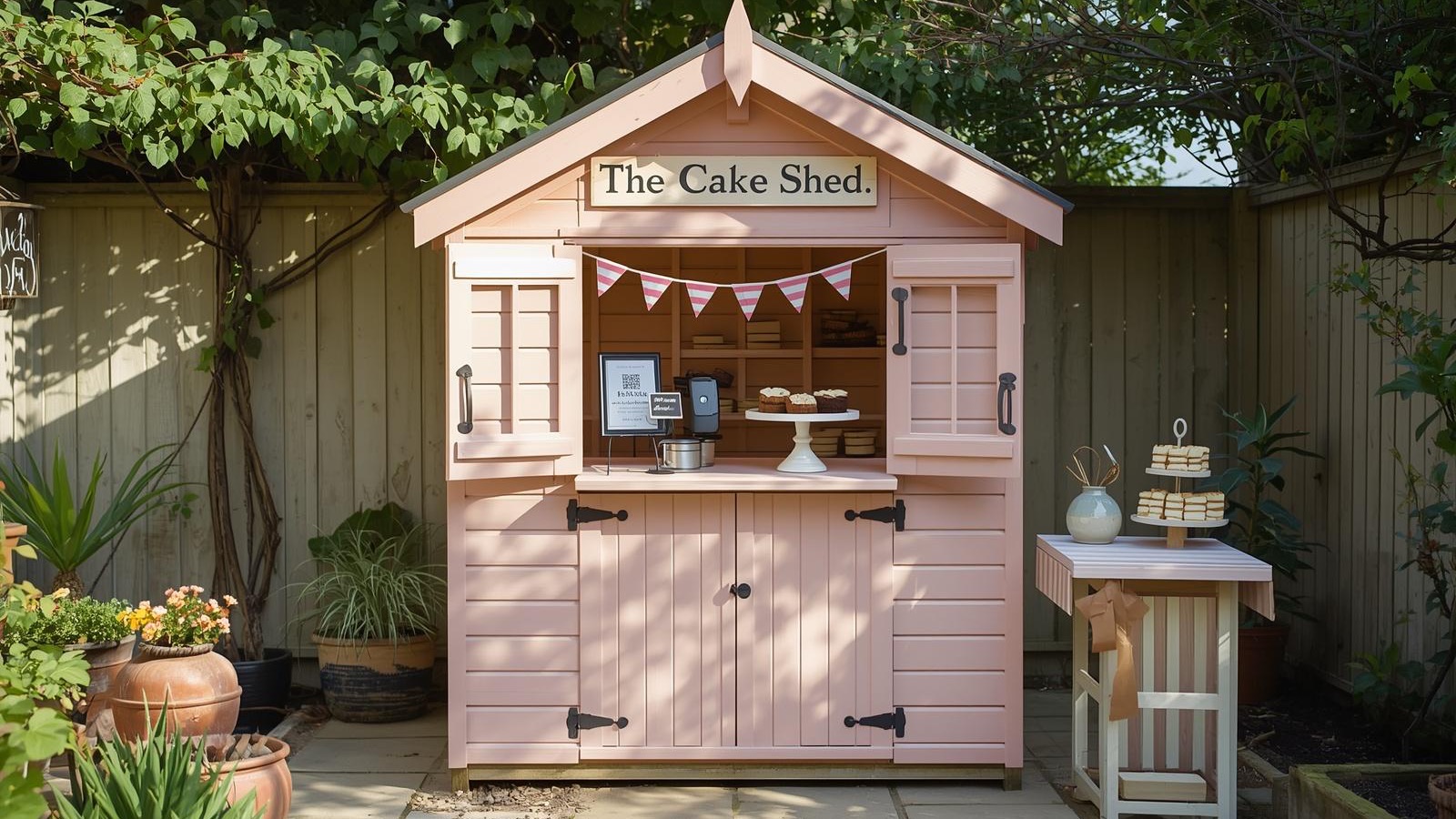 A pastel pink UK cake shed in a garden setting with open shutters revealing cupcakes on a cake stand and a small card reader inside, hand-painted sign reading 'The Cake Shed' overhead