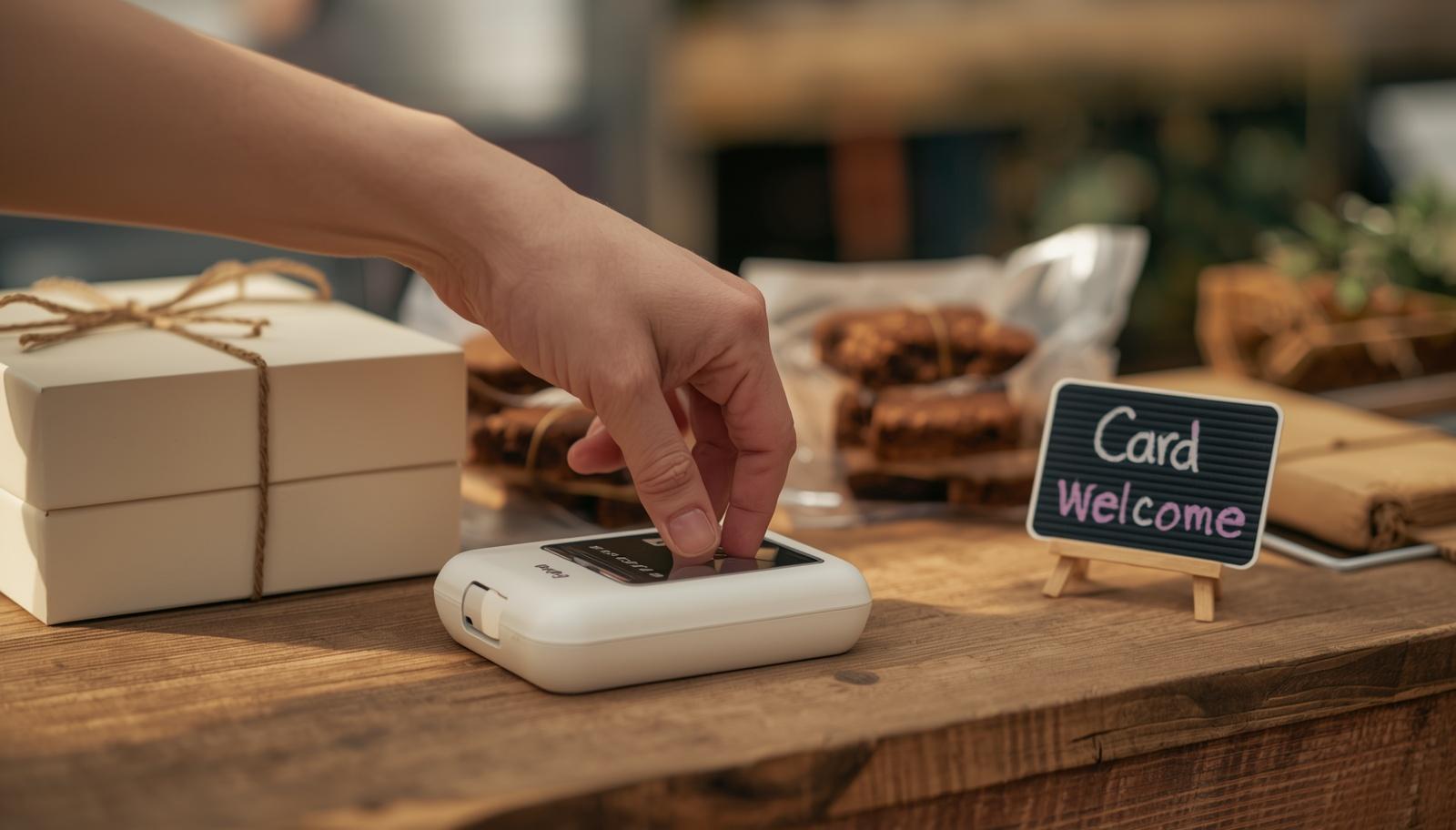 A UK home baker's hand tapping a customer's contactless card against a small SumUp card reader on a market stall, with a cream cake box and a handwritten 'Card welcome' chalkboard sign visible behind